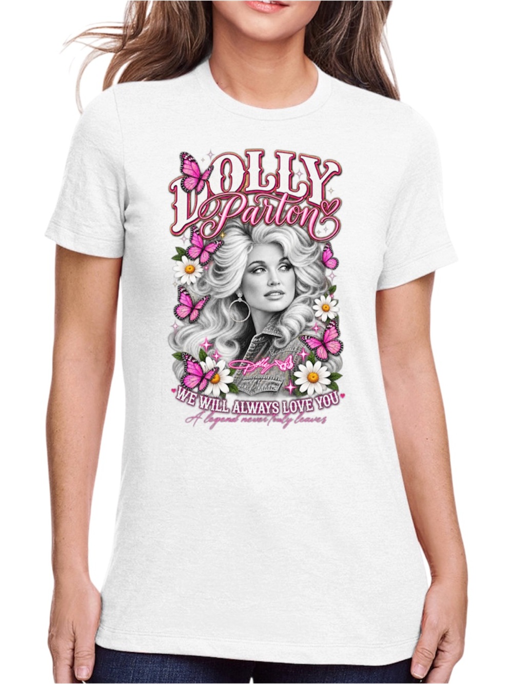 Dolly Parton Graphic T Shirt Pink Burgundy Butterfly Country Music Tee